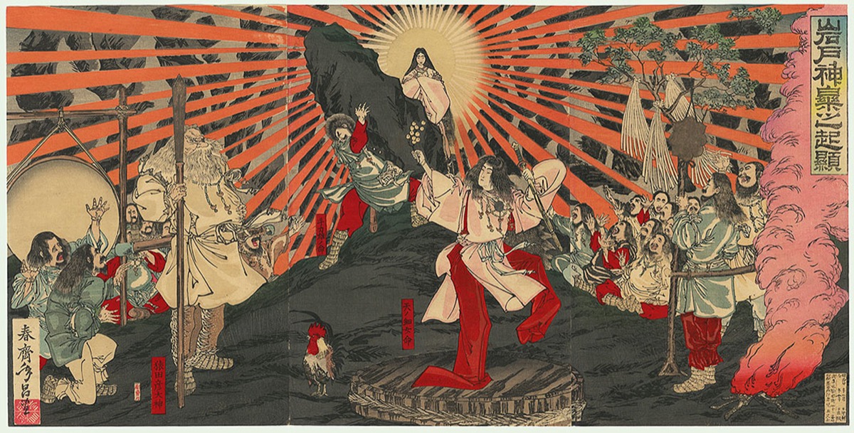 Amaterasu emerge dalla caverna in cui si era nascosta (Shunsai Toshimasa, 1887) Al centro c'è Amaterasu, con il sole alle spalle, davanti c'è Ame-No-Uzume che balla, a lato divinità varie che osservano