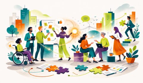 Illustrazione in stile flat vector con palette deep teal, viola intenso, lime e arancio caldo. In un contesto urbano stilizzato, un gruppo eterogeneo di persone lavora insieme in modo collaborativo. Al centro una donna facilita la conversazione davanti a una lavagna con post-it colorati; accanto a lei un uomo con tablet partecipa allo scambio. Intorno, persone di età, corporature ed espressioni di genere diverse dialogano sedute o in piedi: una persona utilizza una sedia a rotelle, un’altra indossa un hijab, altre prendono appunti o lavorano al computer. Linee luminose collegano i partecipanti, simbolo del flusso di idee e del feedback reciproco. In primo piano, pezzi di puzzle e fogli di lavoro richiamano il tema della costruzione condivisa e della crescita attraverso la comunicazione. Immagine creata con ChatGPT