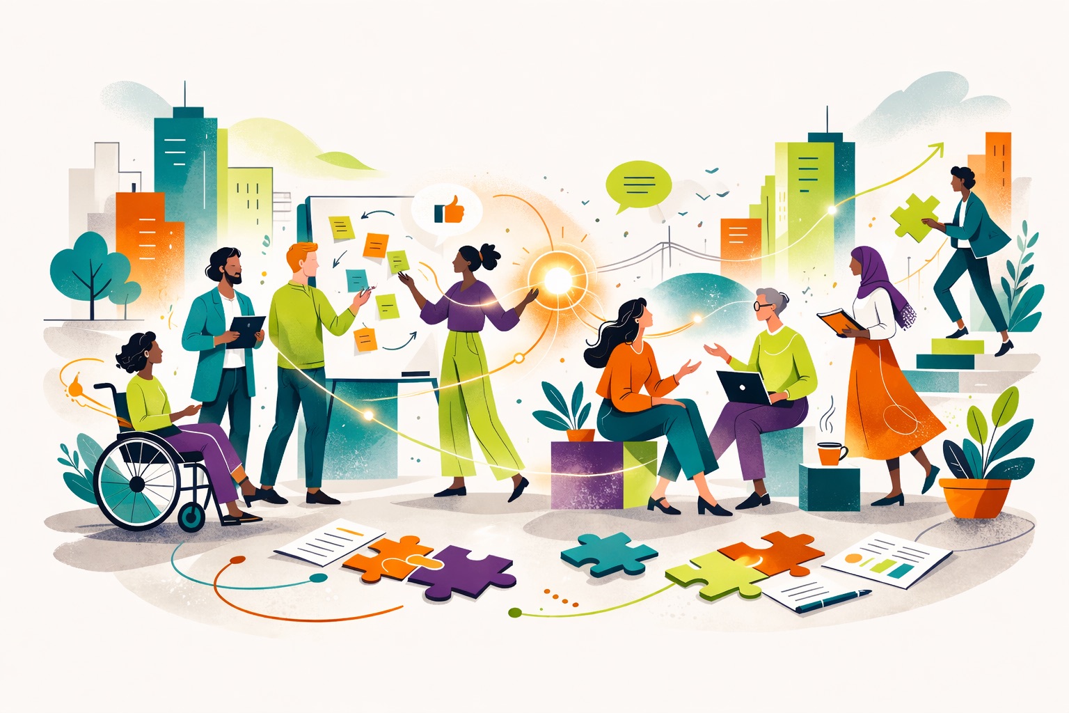 Illustrazione in stile flat vector con palette deep teal, viola intenso, lime e arancio caldo. In un contesto urbano stilizzato, un gruppo eterogeneo di persone lavora insieme in modo collaborativo. Al centro una donna facilita la conversazione davanti a una lavagna con post-it colorati; accanto a lei un uomo con tablet partecipa allo scambio. Intorno, persone di età, corporature ed espressioni di genere diverse dialogano sedute o in piedi: una persona utilizza una sedia a rotelle, un’altra indossa un hijab, altre prendono appunti o lavorano al computer. Linee luminose collegano i partecipanti, simbolo del flusso di idee e del feedback reciproco. In primo piano, pezzi di puzzle e fogli di lavoro richiamano il tema della costruzione condivisa e della crescita attraverso la comunicazione. Immagine creata con ChatGPT