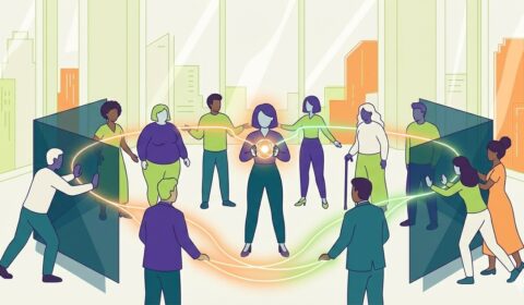 L'iimmagine è stilizzata e rappresenta un cerchio di persone collegate tra loro da fili luminosi. Al centro dell'immagine una persona, probabilmente una donna, con in mano una sfera luminosa da cui partono e arrivano i fili. Accanto a lei all'interno del cerchio c'è una persona. Le persone in cerchio sono rivolte con il corpo verso il centro e il viso che a volte guarda il centro, a volte altre persone. Ci sono dei muri semitrasparenti, all'esterno dei quali sono appoggiate altre persone sempre parte del cerchio, sembrano spingerli verso l'interno. Sono simboleggiate le difficoltà a essere se stesse, a farsi capire (i muri), e l'importanza di creare delle alleanze L'immagine è creata con gemini