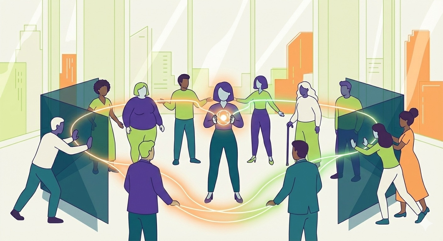 L'iimmagine è stilizzata e rappresenta un cerchio di persone collegate tra loro da fili luminosi. Al centro dell'immagine una persona, probabilmente una donna, con in mano una sfera luminosa da cui partono e arrivano i fili. Accanto a lei all'interno del cerchio c'è una persona. Le persone in cerchio sono rivolte con il corpo verso il centro e il viso che a volte guarda il centro, a volte altre persone. Ci sono dei muri semitrasparenti, all'esterno dei quali sono appoggiate altre persone sempre parte del cerchio, sembrano spingerli verso l'interno. Sono simboleggiate le difficoltà a essere se stesse, a farsi capire (i muri), e l'importanza di creare delle alleanze L'immagine è creata con gemini