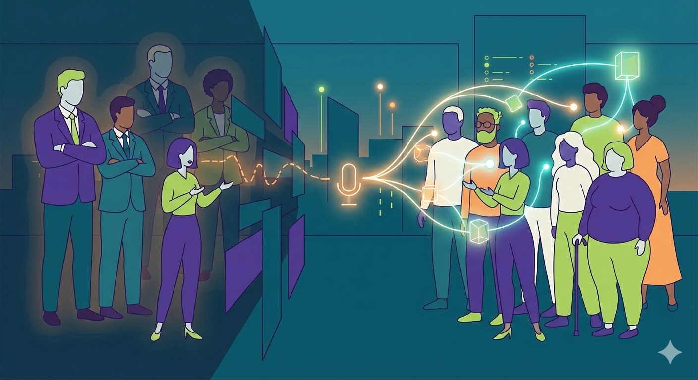 L'immagine presenta due gruppi di persone in piedi, uno di fronte all'altro. A sinistra, un gruppo in ombra composto da persone in giacca e cravatta con le mani incrociate. Una sola persona (sembra una donna) ha le braccia rivolte verso il gruppo opposto e ha la bocca aperta. Dalla bocca esce una linea luminosa che arriva a un microfono, e dal microfono si espandono altre linee che arrivano al second gruppo e collegano le altre persone. Il secondo gruppo è illuminato e composto da persone vestite più casual e in posizioni più rilassate. Il messaggio potrebbe essere che la persona che parla è supportata dal gruppo in luce, ma anche che ila persona che parla dà voce all'intero gruppo in luce. Immagine creata con gemini