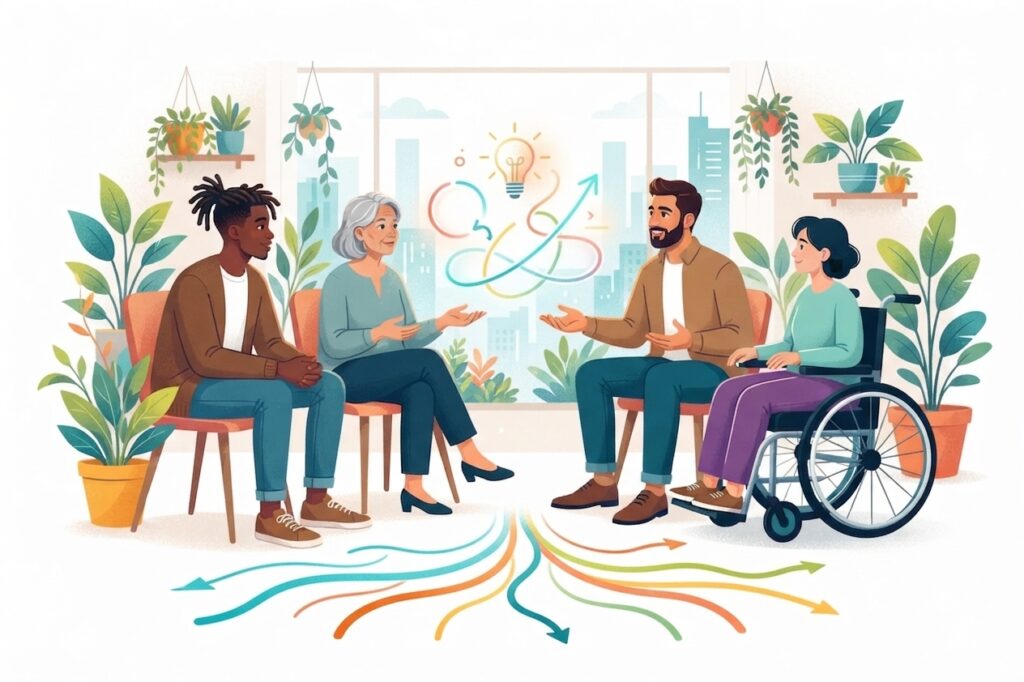 Illustrazione vettoriale in stile piatto di un gruppo eterogeneo di quattro persone sedute in cerchio su sedie colorate. A sinistra un uomo di colore con i dreadlock, al centro una donna anziana dai capelli grigi e un uomo con la barba, a destra una giovane donna in sedia a rotelle. Al centro, sopra di loro, un'icona a forma di lampadina stilizzata con linee luminose e frecce che si intrecciano, a simboleggiare il pensiero creativo e il dialogo. Numerose piante in vaso sono posizionate ai lati e sullo sfondo. Sul pavimento in basso, diverse frecce colorate partono da un punto centrale e si diramano in direzioni divergenti. Lo sfondo è una vetrata che si affaccia su un paesaggio urbano stilizzato. L'atmosfera è collaborativa e orientata alla scoperta di percorsi multipli. Lo stile è pulito, con una palette di colori vivaci e terrosi