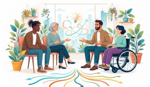 Illustrazione vettoriale in stile piatto di un gruppo eterogeneo di quattro persone sedute in cerchio su sedie colorate. A sinistra un uomo di colore con i dreadlock, al centro una donna anziana dai capelli grigi e un uomo con la barba, a destra una giovane donna in sedia a rotelle. Al centro, sopra di loro, un'icona a forma di lampadina stilizzata con linee luminose e frecce che si intrecciano, a simboleggiare il pensiero creativo e il dialogo. Numerose piante in vaso sono posizionate ai lati e sullo sfondo. Sul pavimento in basso, diverse frecce colorate partono da un punto centrale e si diramano in direzioni divergenti. Lo sfondo è una vetrata che si affaccia su un paesaggio urbano stilizzato. L'atmosfera è collaborativa e orientata alla scoperta di percorsi multipli. Lo stile è pulito, con una palette di colori vivaci e terrosi